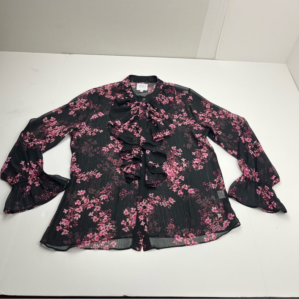 Misa Los Angeles Lillie Top Berry Floral Met Black Pink‎ Silver Sheer Womens XS